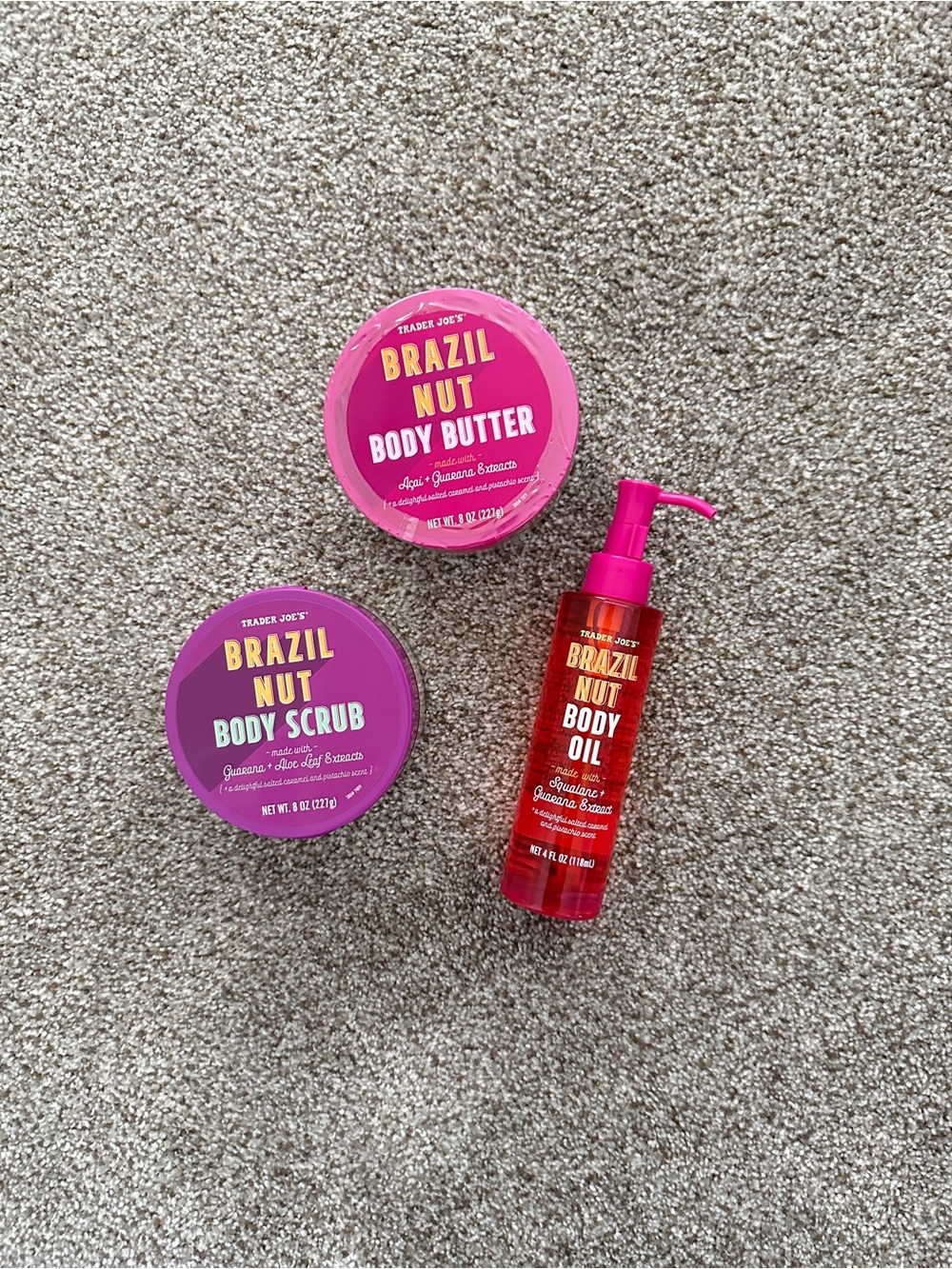 Trader Joe's Brazil Nut Body Butter, Body Scrub 8oz and Body Oil 4oz Set of 3